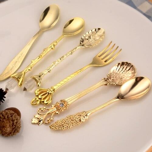 3/6pcs Vintage Spoons Fork Mini Royal Style Metal Gold Carved Coffee Snacks Fruit Prikkers Dessert Fork Kitchen Tool Teaspoon