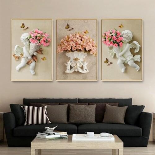 3D Angel Pink Rose Canvas Painting Fashion Home Decoration Bedroom Backdrop Wall Art Pictures for Living Room Unframed