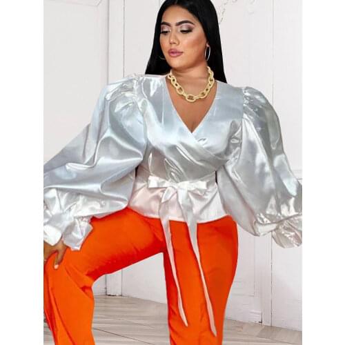 White Blouse Women V Neck Long Puff Sleeve Top Wrap Tunics with Belt Office Evening Party Night Out Tops Plus Size Dropshipping