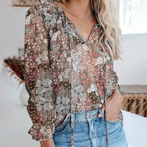 2021 Boho Blouse Floral Print Lantern Sleeve Shirt Sexy Lace-up V Neck Women Tops Spring Summer Chic Blouses