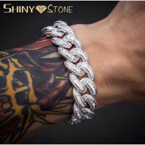 18mm Width Hip Hop Full Iced Out Baguette Cubic Zircon Bling 5A CZ Miami Cuban Link Chain Bracelets Jewelry For Men