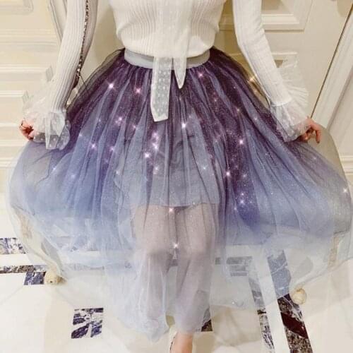 Gradient mesh mesh skirt 2019 spring and summer new Korean version of the pleated mid-length skirt chic fairy skirts