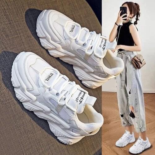 Chunky Mesh White Women Running Shoes Light Casual Sneakers for Women Thick Lace Up Female Walking Jogging Shoes