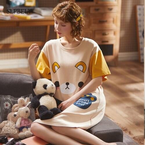 SLPBELY Women Summer Nightdress Nighgrown Cartoon Lovely Femmal Nightskirt Sleepwear Short SleeveCute Bear Homewear Night Dress