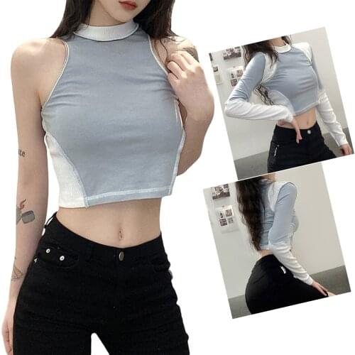 2021 New Womens Slim Round Neck T-shirt Contrast Color Detachable Long-sleeved Top High-waist Tight-fitting Umbilical Clothing