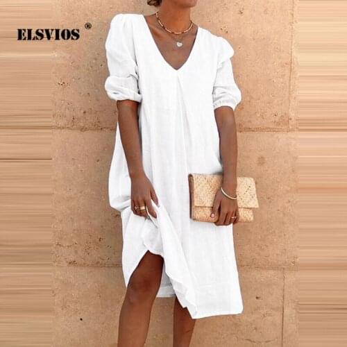 Casual Solid Color Simple V Neck Fashion Women Dress Summer New Elegant Slim Mid Sleeves All-match Dresses Office Lady Vestidos