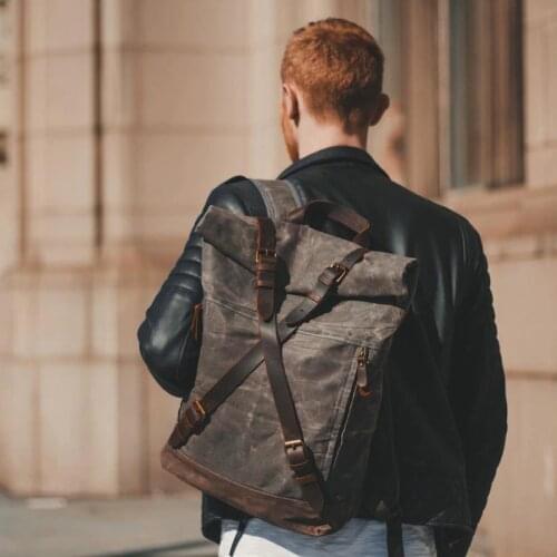 Waxed Canvas Mochila Tactics Backpack Travel Waterproof Business Laptop Bag Men Roll Top Anti Theft Knapsack