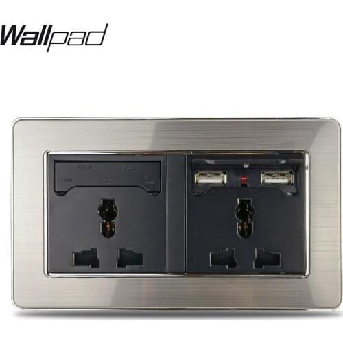 EU UK US Plug Universal Wall Electric Double Socket with 2.1A 4x USB Charging Port Outlet Stainless Steel Panel