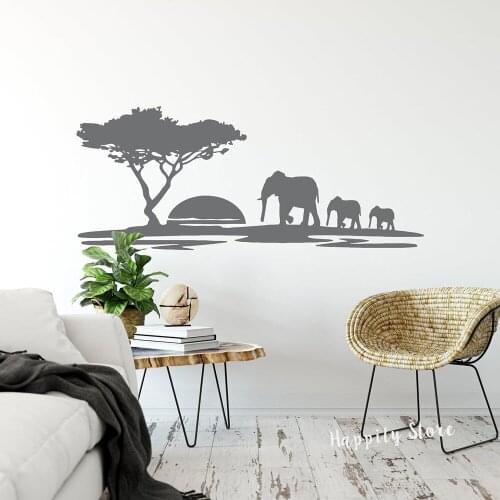 Elephants Wall Decal Living Room African Animal Wall Stickers Elephant Family Sunset Tree Decals Bedroom Decor Removable P216