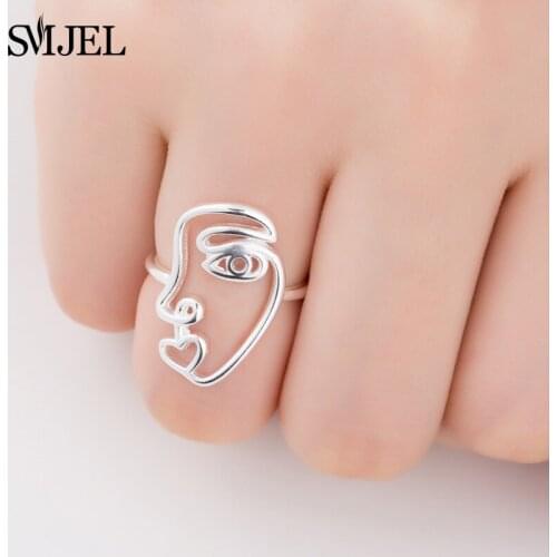 SMJEL New Ethnic Wire Hollow Human Face Rings for Women Fashion Knuckle Ring Set Fingers Jewelry Best Friend Gift anillos mujer