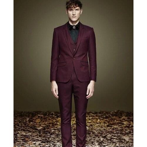 Burgundy Notch Lapel One Button Jacket+Pants+Vest+Tie Fashion Terno Masculino Costume Homme Elegant Men Suits Formal Handsome