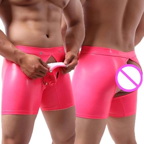 Faux Leather Men Long Boxers Low Waist Underwear Front Back Open Butt Button Decoration Pouch Bag Sexy Male Leather Panties