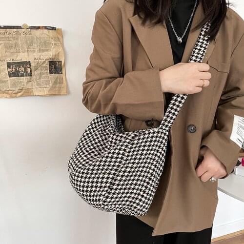 Japanese Harajuku Vintage Style Bag Women Canvas Big Bag Travel Crossbody Bags Women Houndstooth Casual Messenger Shoulder Bag
