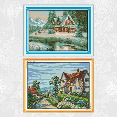 Lakeside snowhouse Cross-stitch Printed on Canvas DMC Cross Stitch Embroidery kits Beautiful village DIY Handwork Crafts