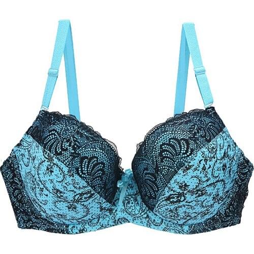 YANDW Sexy Bra Blue thin Underwear Plus Size D E F Cup Women Bras Lace Lingerie Brassiere Embroidery 34 36 38 40 42 44 46 48 50