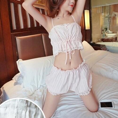 Japanese beach Underwears Brief Set Sexy bra Sets 2020 White/Pink Cute Lolita Bra Pierced Kawaii Women cotton lace suit W938