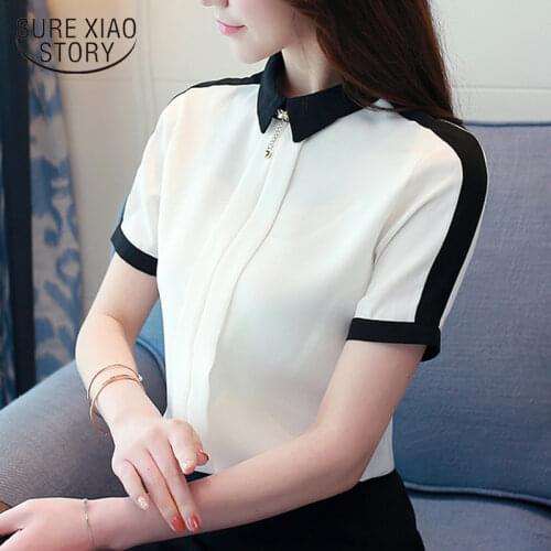 Womens Summer blouses Office Lady Solid Chiffon blouse Short Sleeve Women blouses Beading Shirt Female womens Clothing 0209 40
