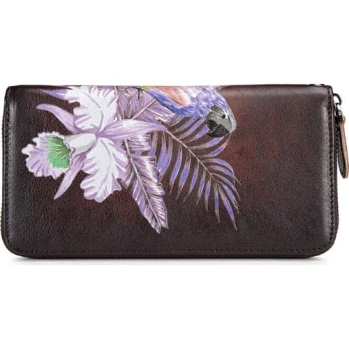 2019 New women pretty parrot pattern wallet top layer cowhide purse retro high quality genuine leather long zipper wallet