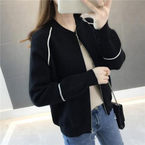 Womens Sweater 2021 New Spring Loose Zipper Female Knitted Cardigan Coat Black Khaki Korean Style Knitted Sweater Coat Autumn