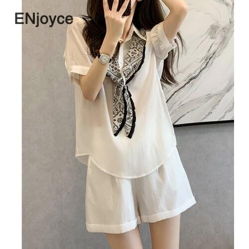 Vintage White Tencel Short Sleeve Shirt Tops and Shorts Two Pieces Sets Korean Style Office Ladies Elegant Workwear Suit Summer