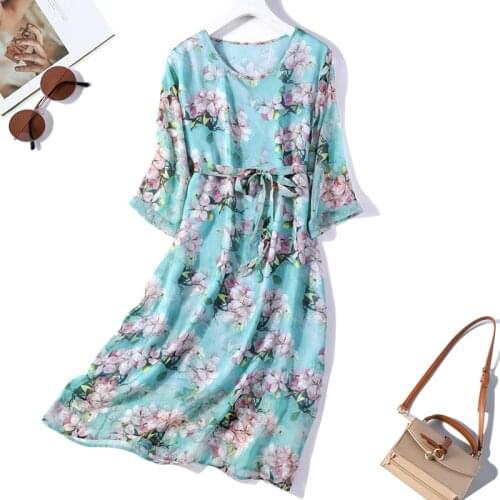 Womens 100% Mulberry Silk Half Sleeve Crew Neck Two-Layers Blue Printed Long Dress JN826