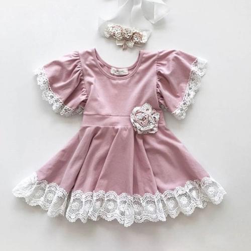 2019 Cute Kids Baby Girls Dress Lace Floral Party Dress Sleeve Solid Dress Clothes