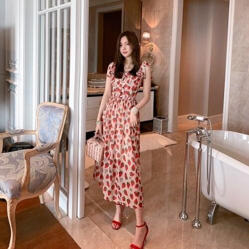2021Fashion Summer Casual Girls Cute Strawberry Printing Lovely Color Chiffon Dress