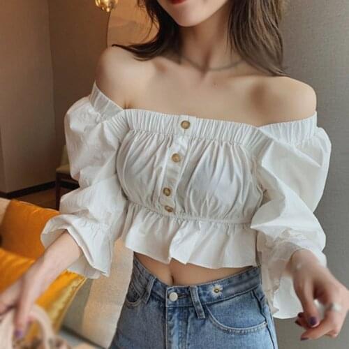 Puff Sleeve Blouse Square Neck Crop Tops Ruffle High Waist Short Blouses Women Korean Clothes Summer Female Shirts