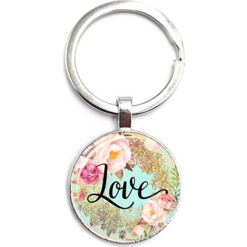 Flower Caption Key Ring Glass Cabochon Car Key Pendant Male and Female Keychain Gift Jewelry
