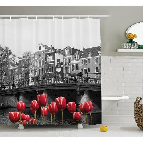 Black and White Decorations Shower Curtain Monochrome of Amsterdam Canal with Red Tulips Houses Bath Curtains for Bathroom Decor
