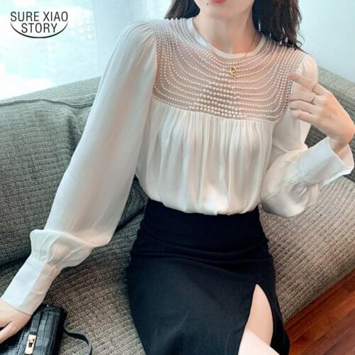 Elegant Hollow Long-sleeved Vintage Shirts Autumn Beaded Mesh Satin Chiffon Blouses Pleated Casual O-neck Stitching Blouse 17049
