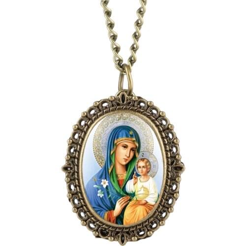 Virgin Mary Pocket Watch Ellipse Womens Analog Pendant Watch Necklace for Ladies Elegant With Chain Retro Clock Gift