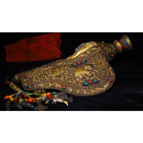 18" Tibet temple collection Old Natural conch Tibetan silver Filigree mosaic Gem Dzi Bead Snail Dharma Kirin Town House Exorcism