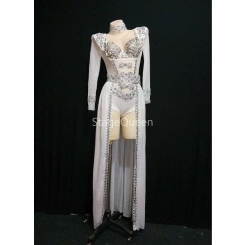 Rhinestones White Dance Outfit Bodysuit Long Tail Costum Dancer Show Outfit Birthday Evening Prom Stage Leotard DS DJ Skirt Sets