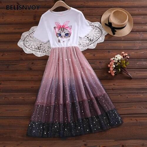 Summer Kawaii Cat Printed Sundress Women Sequins Stars Mesh Patchwork Fake Dress Girls Fairy Gradient Starry Sky Pleated Dress