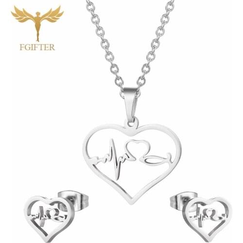 FGifter Hot Sale Silver Color Fashion Jewelry Sets ECG Statement Necklace & Earrings Wedding Jewelry for Women