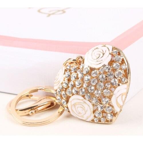Sweet LOVE Heart Rose Flower New Cute Crystal Charm Pendant Purse HandBag Car Key Ring Chain Wedding Party Jewelry Gift