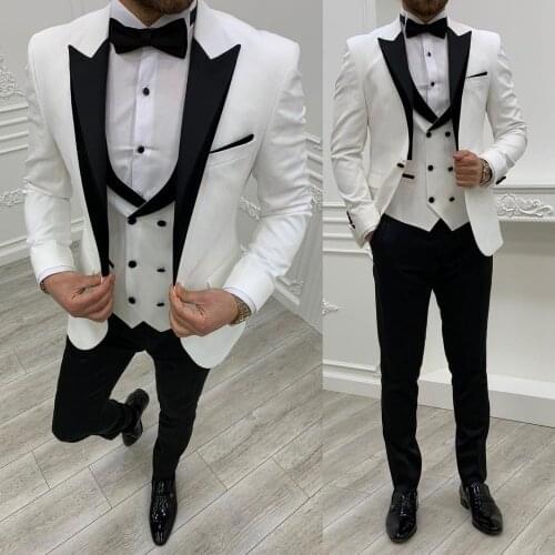 Smart Fashion White Mens Customized Wedding Tuxedos One Button Groom Wear Dinner Prom Party Blazer (Jacket+Vest+Black Pants)
