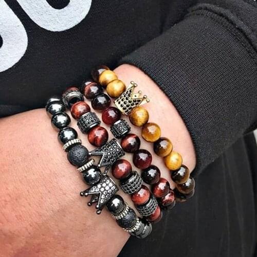 Fashion Men Jewelry Bracelet CZ Pave Crown Natural Tiger Eye Beaded Bracelet Men Jewelry Gift