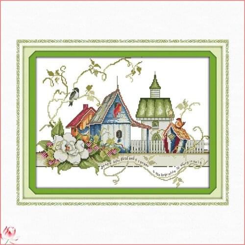 Birds, Flowers And Houses Counted 11CT 14CT Cross Stitch Set DIY Counted Cross-stitch Kit Embroidery Needlework Home Decoration