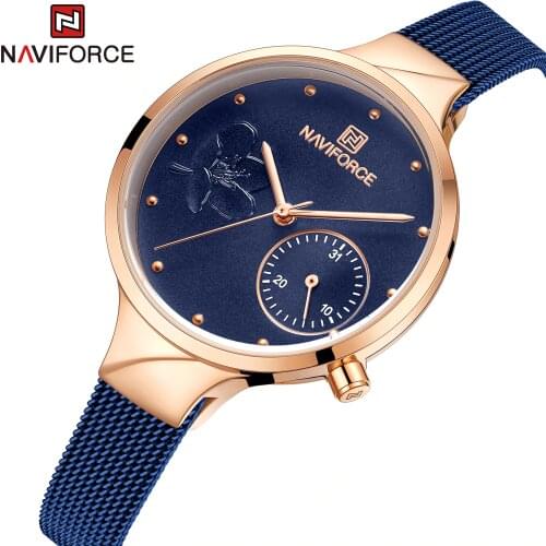 NAVIFORCE Women Fashion Blue Quartz Watch Lady Stainless Steel High Quality Casual 3ATM Waterproof Wristwatch Gift for Wife 2020