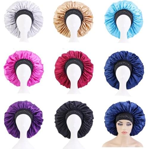 Newly Womens Satin Rhinestone Sleeping Hat Night Sleep Cap Hair Care Salon Makeup Headband Muslim Head Cover Bonnet Hat Fashion