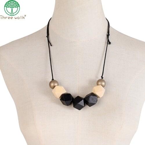 Wholesale Wood Geometric Necklace Painted Chunky Faceted Wooden Beads Ball Chunky Leather Cord Statement
