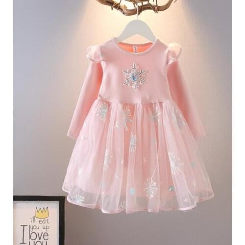 Disney Frozen Elsa Princess Dress Puff Sleeve Winter Girl Long-sleeved Dresses Cotton Mesh Sweet New Year Party Clothing