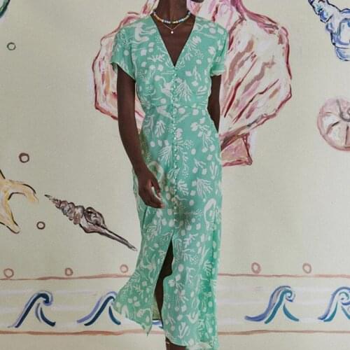 Women Summer Green French V-Neck Vintage Print New Slim Split Dresses Female Casual Dress Ladies Single Breasted Dresses ML123