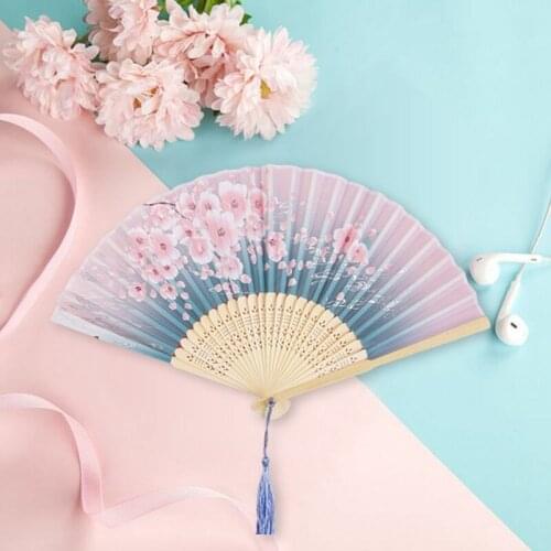 Chinese Style Bamboo Folding Hand Held Blossom Fan Summer Japanese Silk Fan Chinese Dance Party Wedding Colorful Decoration