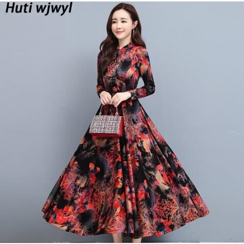 2021 Spring Autumn Elegant Bodycon Party Long Fashion Dress Chinese Style Chic Lady Print Vintage Midi Dress Women Maxi Vestidos