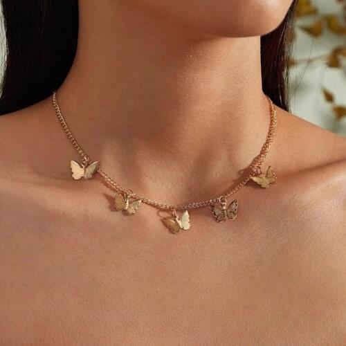 Modyle Vintage Multilayer Pendant Butterfly Necklace for Women Gold Butterfly Charm Choker Necklaces Boho Fashion Jewelry Gift