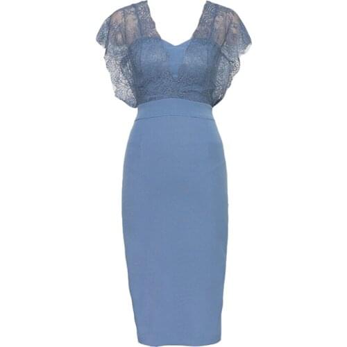 PERHAPS U Blue V Neck Sleeveless Tank Lace Patchwork Zipper Knee Length Dress Sexy Bag Hip Split Dress Summer D1803