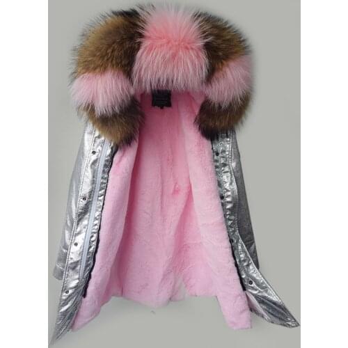 2020new Fashion Jacket Silver Coat Women Parka Silver Fur Coat Hooded Big Real Raccoon Collar Natural Clothing Length Decoration